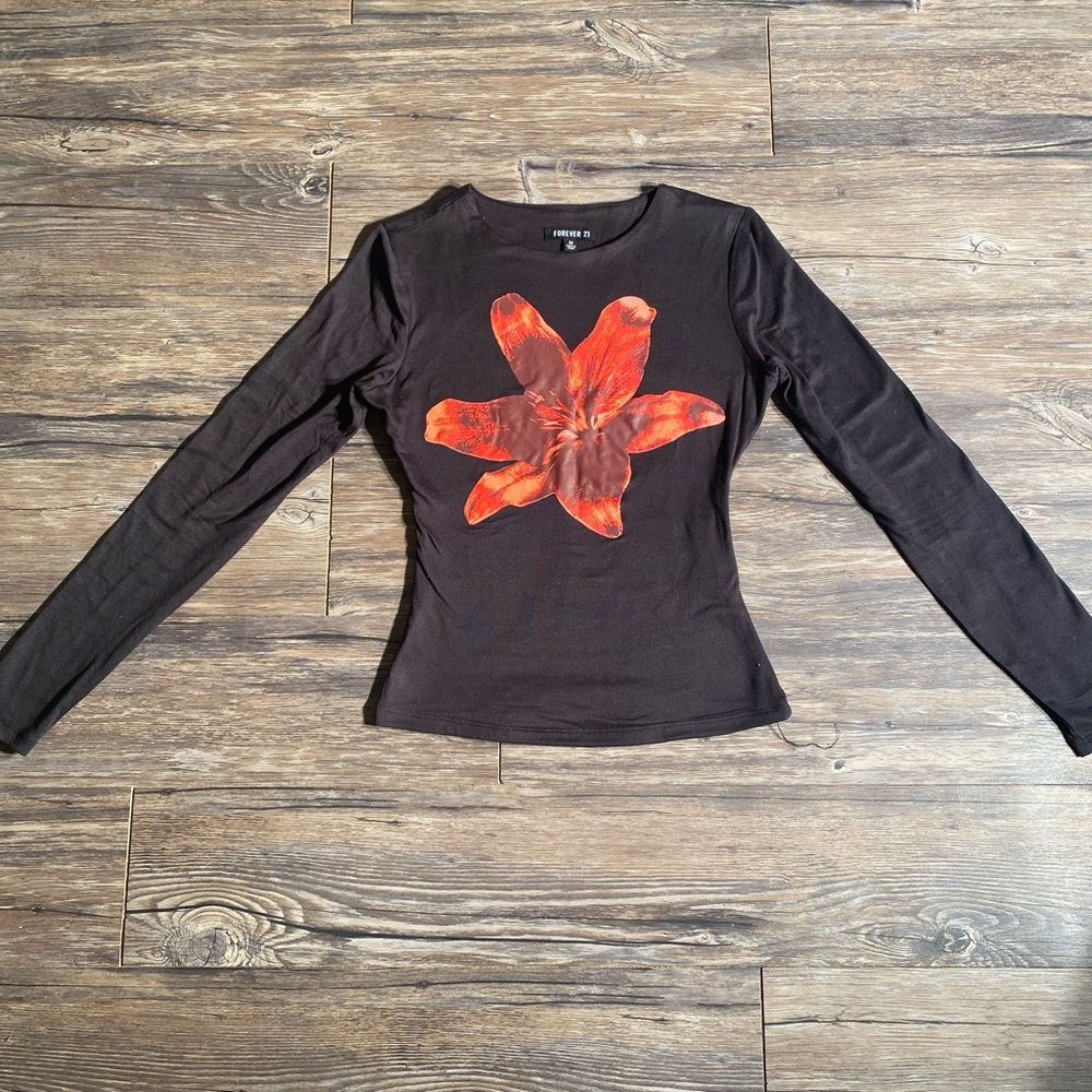 Forever 21 Black Long Sleeve Top with Red Floral Accent